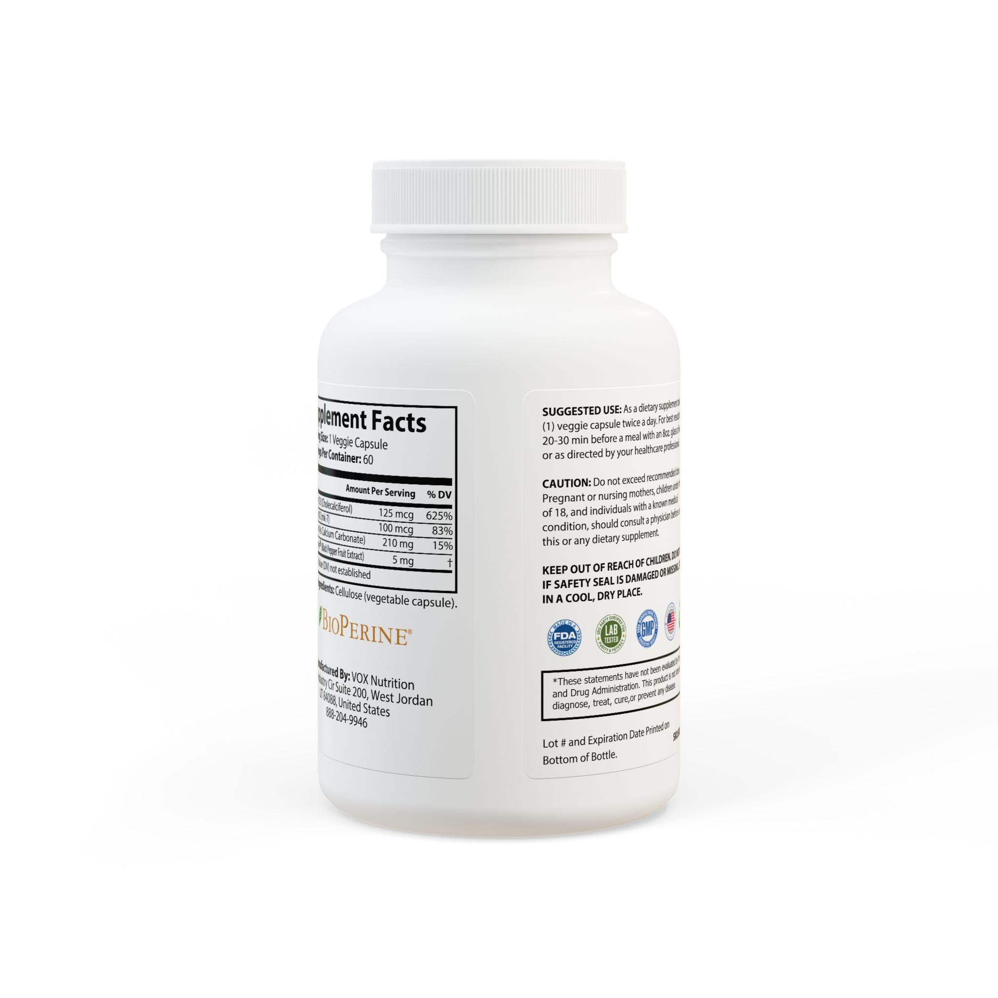 Vitamin D3 + K2 MK-7 – 125mcg D3, 100mcg K2, BioPerine & Calcium – Bone, Heart & Immune Support – 60 Veg Capsules