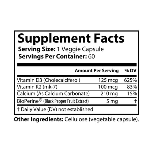 Vitamin D3 + K2 MK-7 – 125mcg D3, 100mcg K2, BioPerine & Calcium – Bone, Heart & Immune Support – 60 Veg Capsules